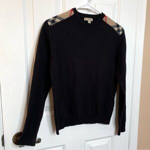 Burberry 100% Merino Wool Black Sweater with Plaid Shoulder Detail